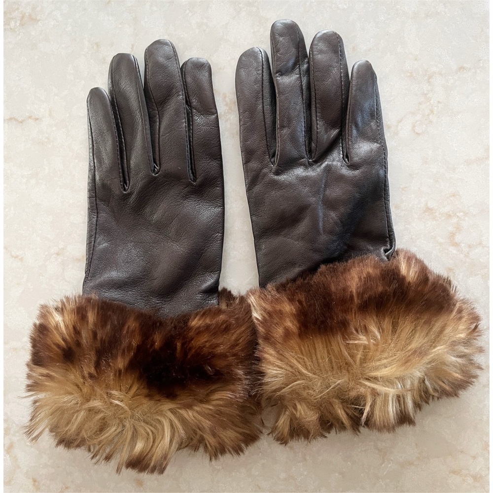 Lauren Ralph Lauren Brown Leather Faux Fur Gloves 6.5 NWOT